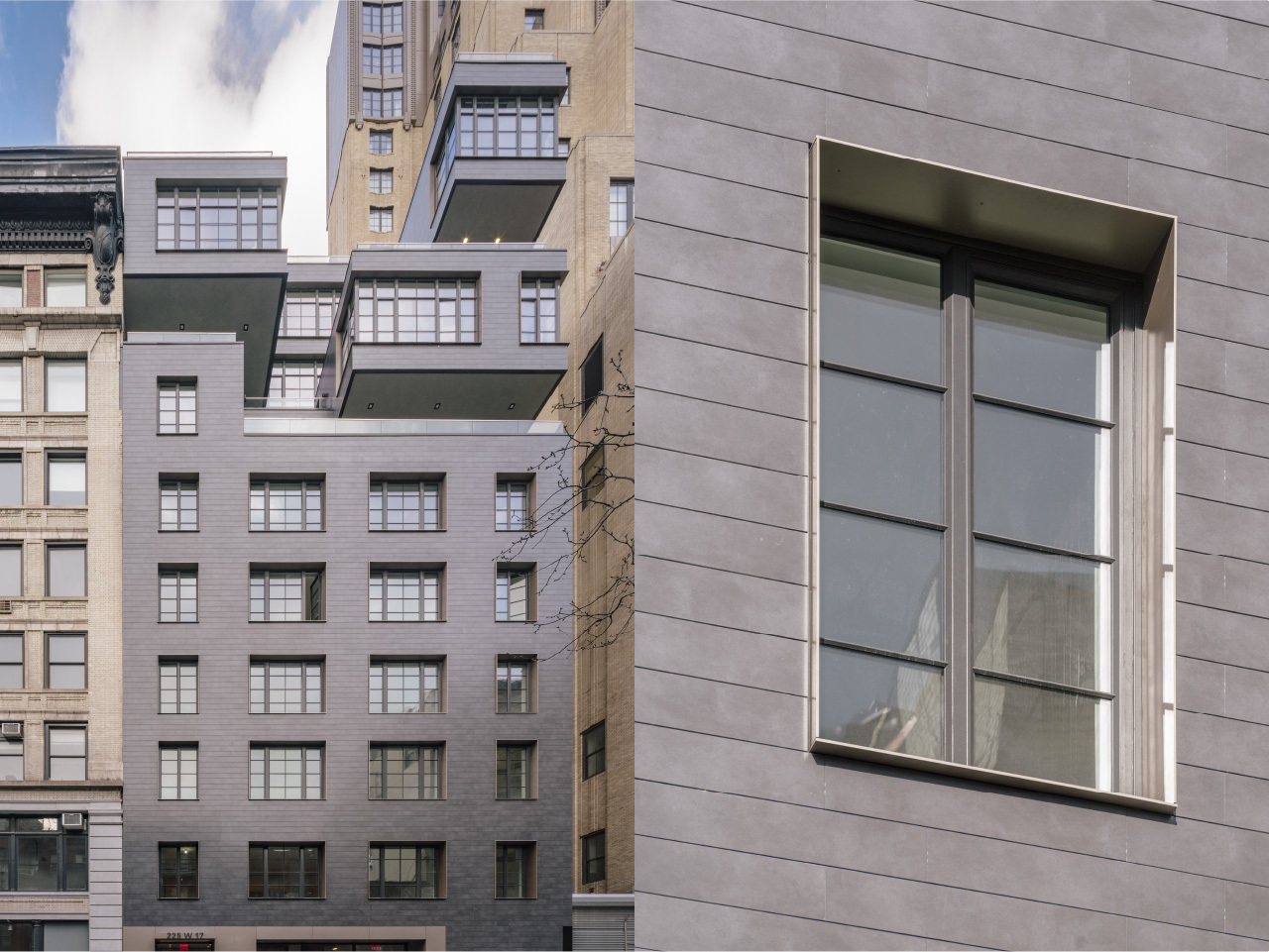 221 West 17 Street Street facade with porcelain cladding and Metal window trim at porcelain facade