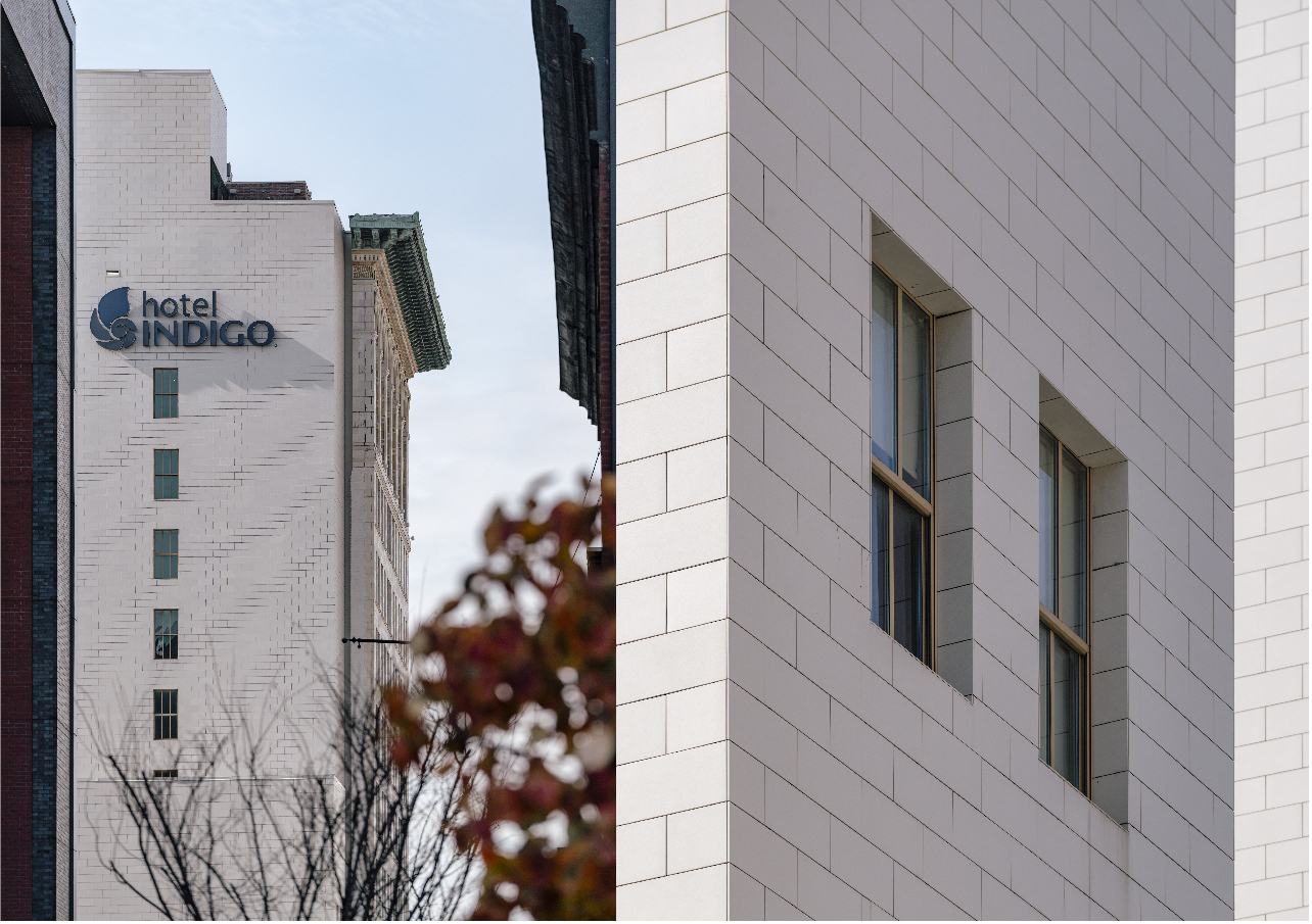 Indigo Hotel Identification Sign over Porcelain Cladding in lateral elevation and Corner Detail