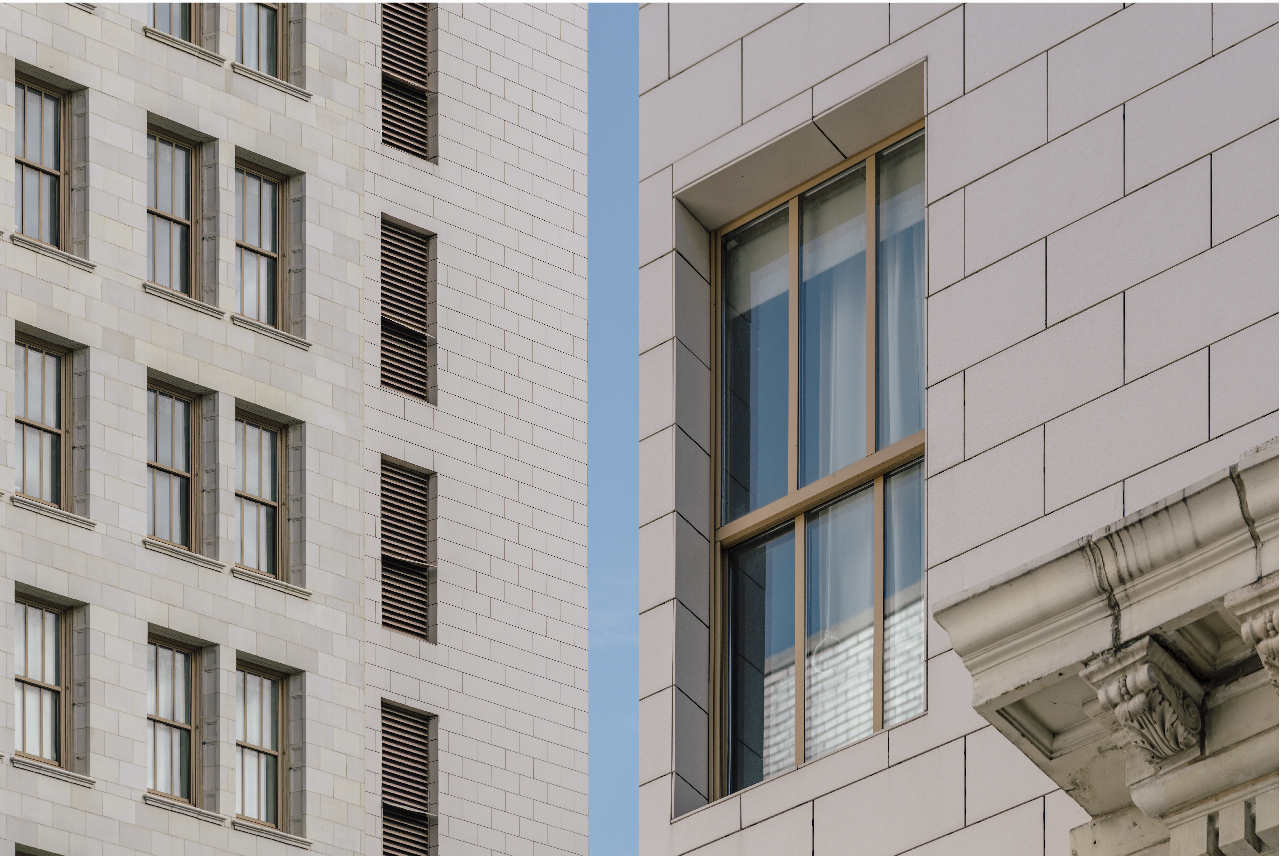 Indigo Hotel Mimetization between original Stone Veneer and new Porcelain Cladding and Window return detail